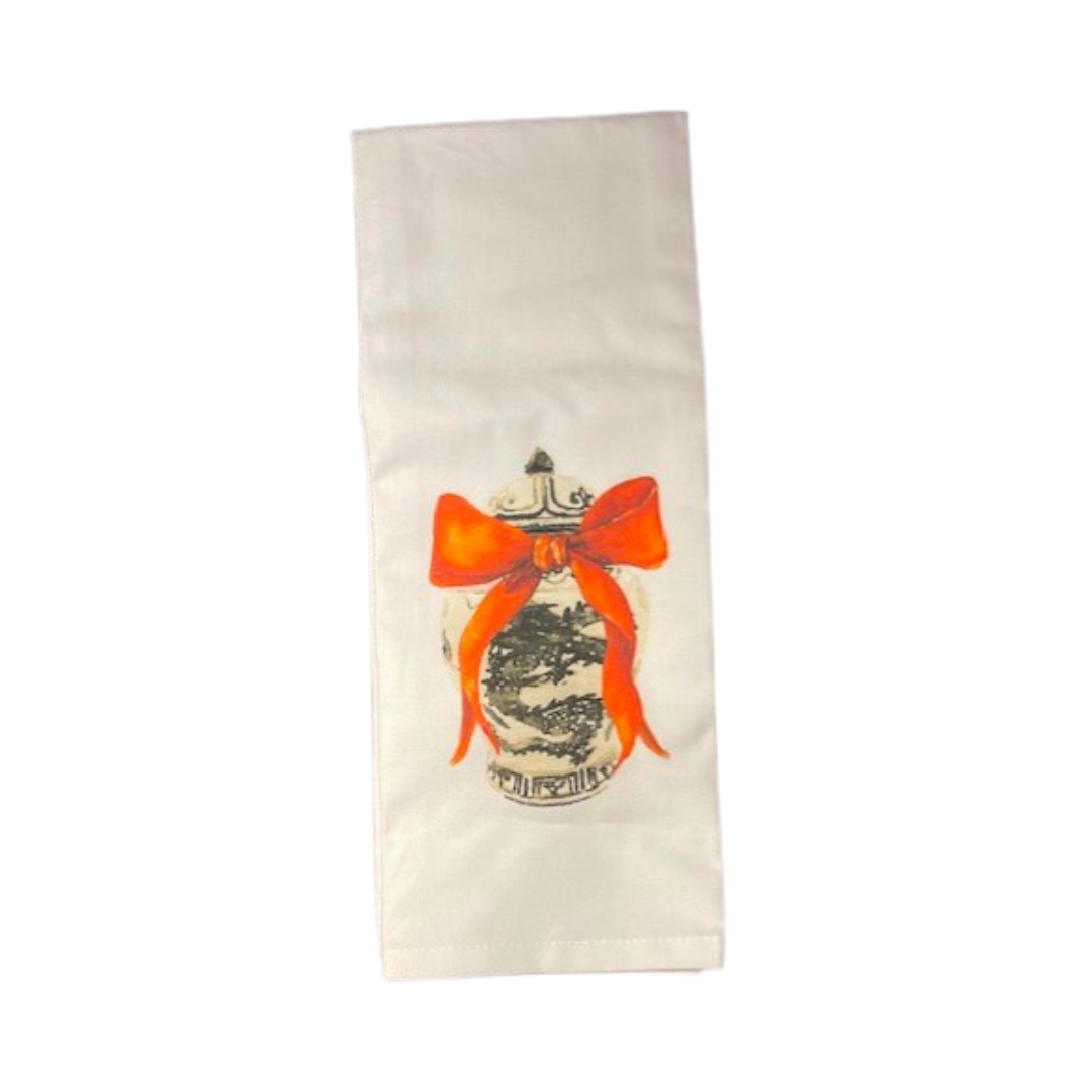 Black Chinoiserie Jar with Orange Bow Kitchen Towel