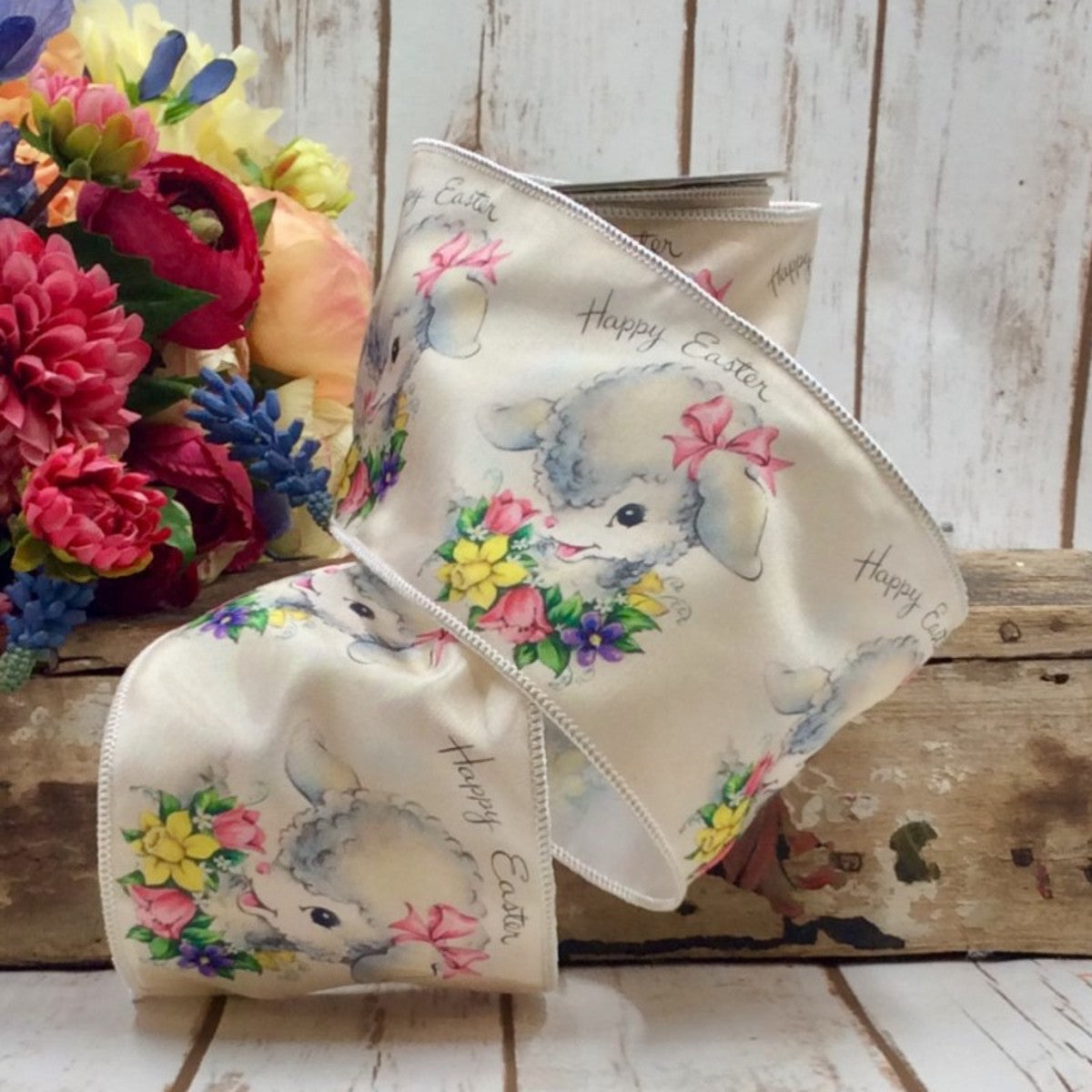 Satin Vintage Happy Easter Lamb Floral Ribbon