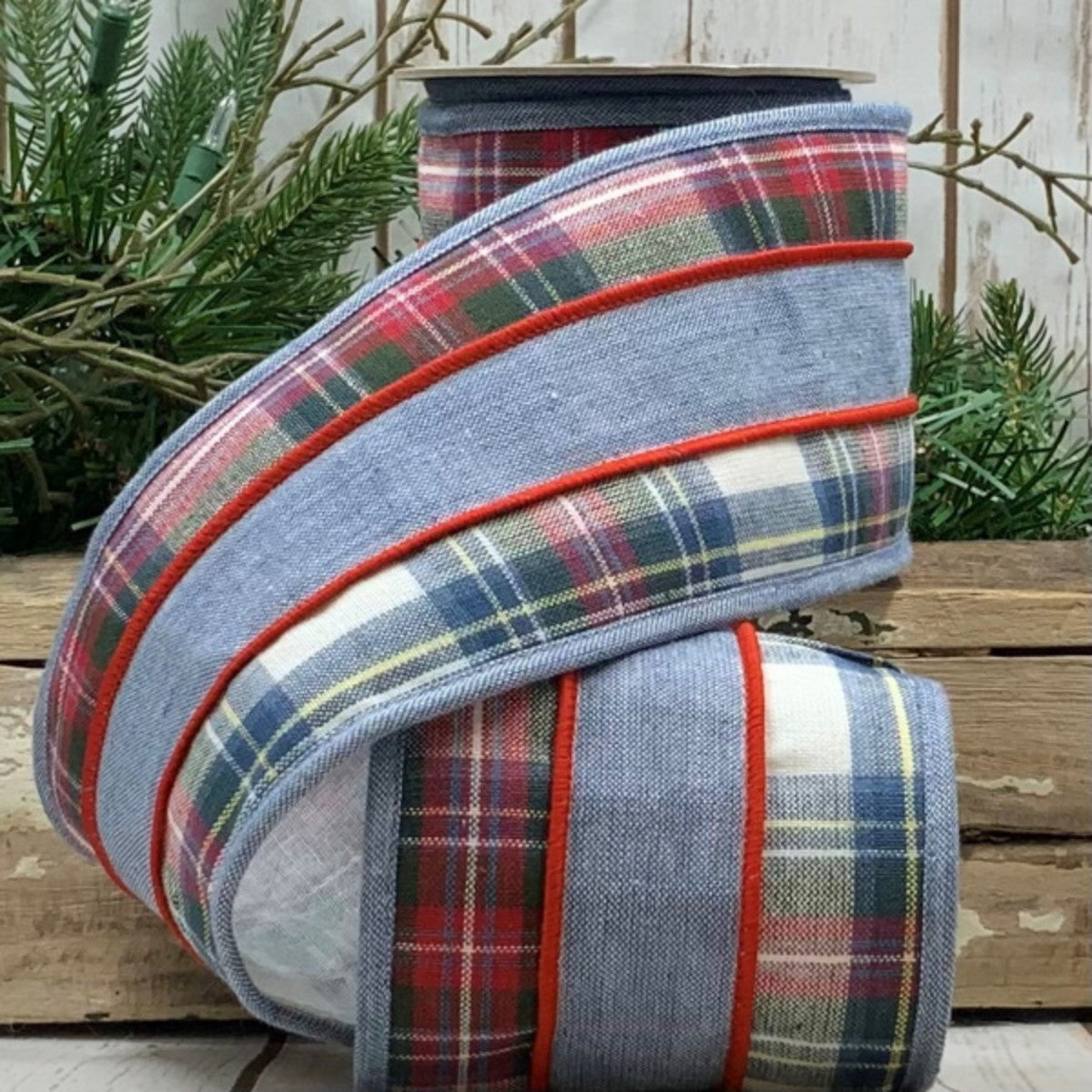 Cotton Chambray Plaid Edge Ribbon- Blue
