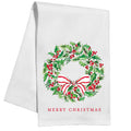 Merry Christmas Handpainted Holly Wreath with Bow Kitchen Towel - Mistletoe Market
