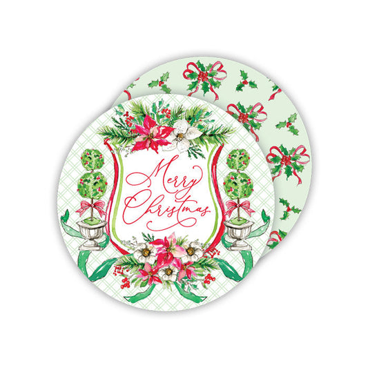 Merry Christmas Holiday Crest with Topiaries and Poinsettias Paper Coasters