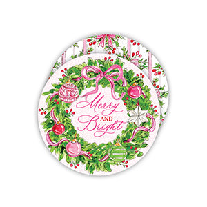 Handpainted Merry & Bright Wreath with Pink Ornaments