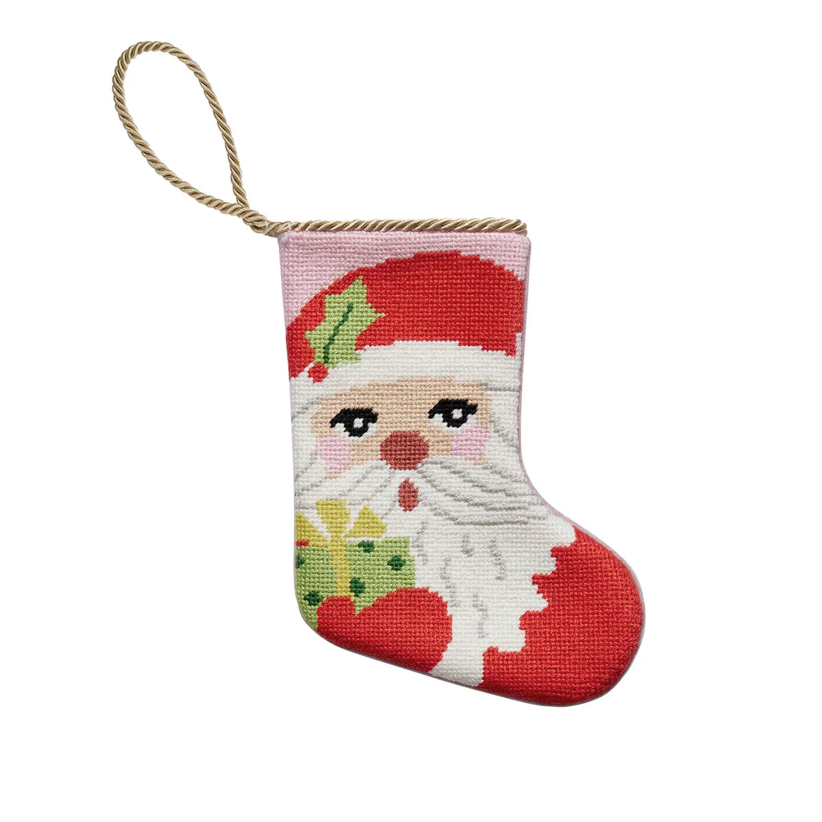Santa with Present Embroidered Needlepoint Mini Stocking