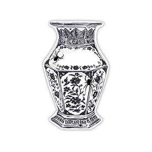 Handpainted Black Chinoiserie Urn with Spider Webs Die-Cut Accents