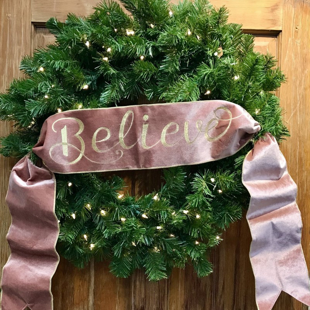 Tea Rose Velvet Banner with Gold "Believe" Embroidery