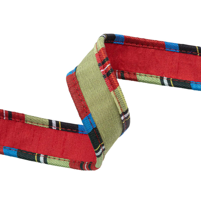 Reversible Dupioni Ribbon- Red/Apple Green w/ Plaid Cording