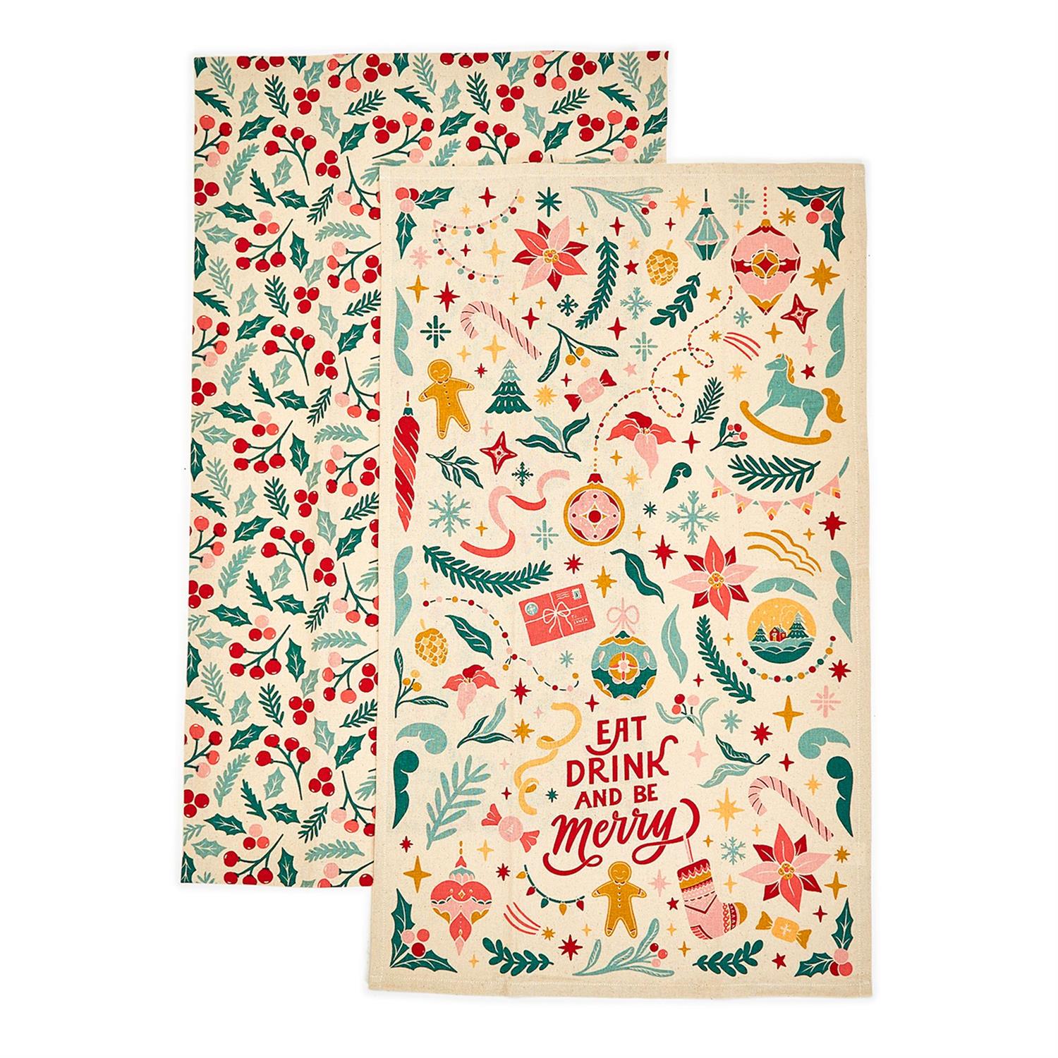 Be Merry Vintage Christmas Dish Towels - Set of 2