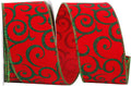Velvet Glitter Scroll Emerald Wired Edge Ribbon- Red/Green