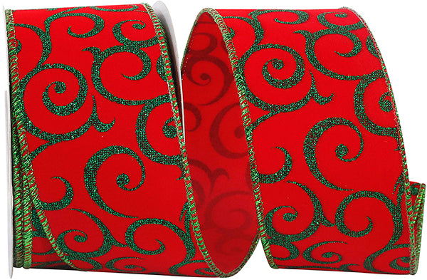 Velvet Glitter Scroll Emerald Wired Edge Ribbon- Red/Green