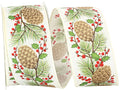 Pinecone Holly Berries Linen Ribbon