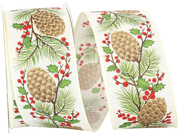 Pinecone Holly Berries Linen Ribbon