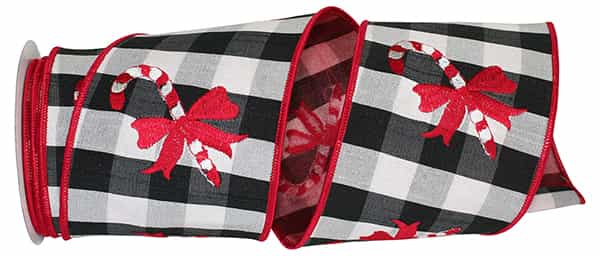 Candy Cane Embroidery Dupioni Check Ribbon