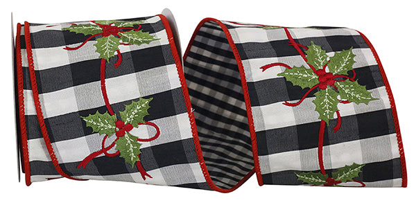 Holly Embroidery Dupioni Gingham Backed Check Ribbon