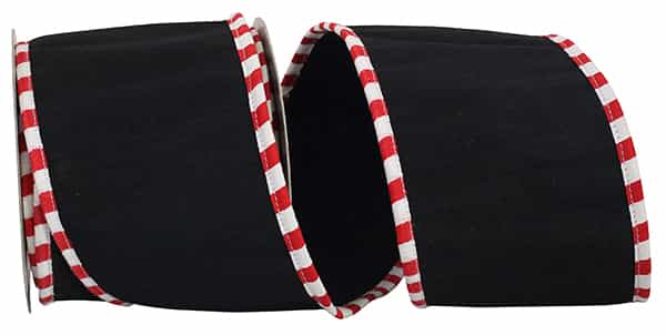 Black Dupioni Deluxe Candy Cane Ticking Edge Ribbon