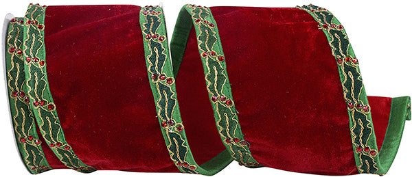 Plush Velvet Holly Jeweled Embroidered ribbon