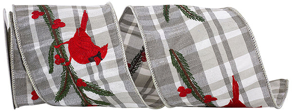 Cardinal Holly Embroidered Plaid Dupioni Ribbon