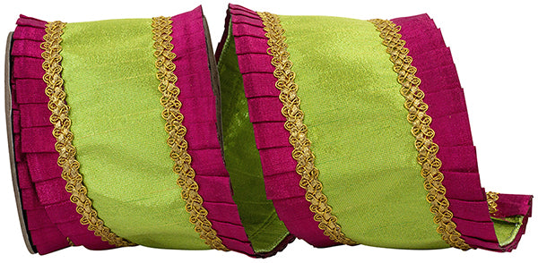 Metallic Pleated Dupioni Ribbon- Lime/Fuchsia
