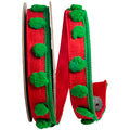 Pom Pom Trim Dupioni Deluxe Wired Edge Ribbon- Red with Green Pom Pom