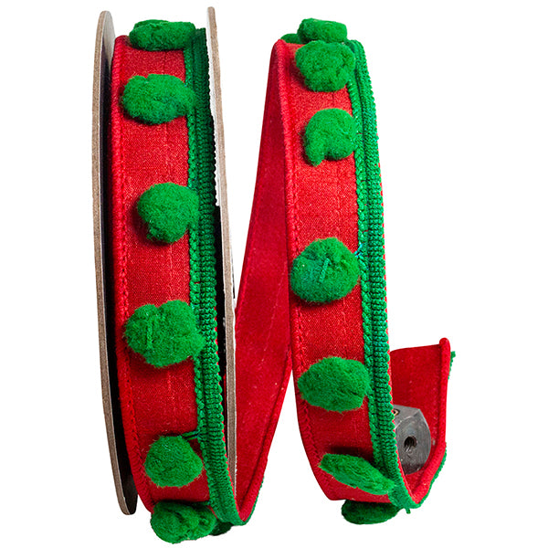 Pom Pom Trim Dupioni Deluxe Wired Edge Ribbon- Red with Green Pom Pom