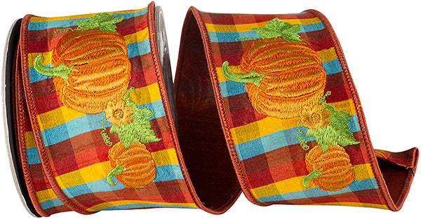 Pumpkin Embroidery Tonal Plaid Deluxe Dupioni Ribbon