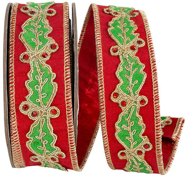Holly Leaf Jewel Embroidery  Dupioni Lame- Red