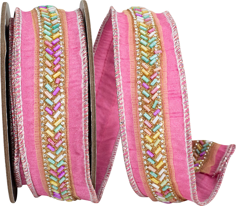 Beaded Dupioni Glitter Ribbon-Pink