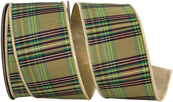 Willow Plaid Fused Metallic Dupioni Backed Ribbon- Moss