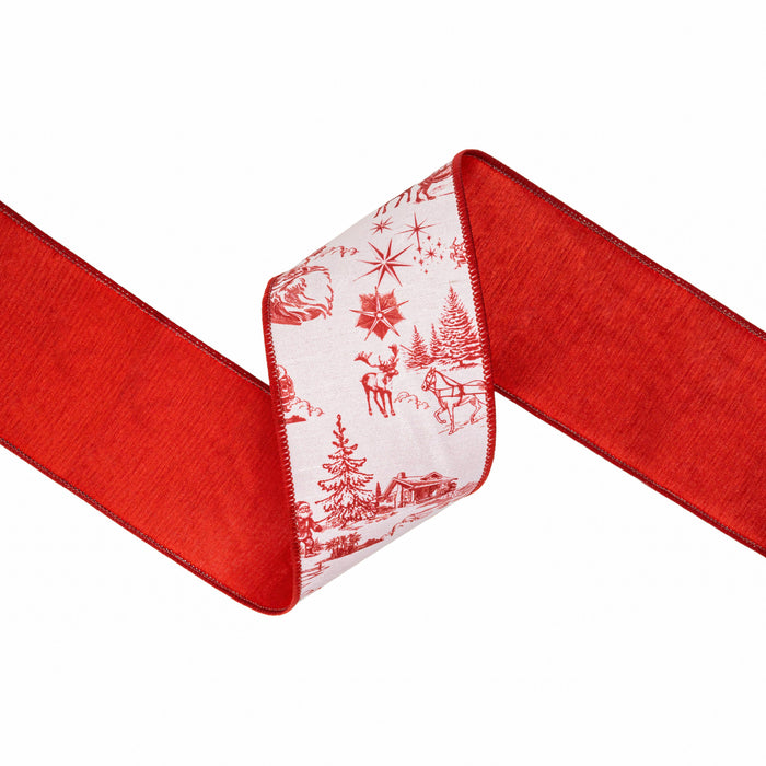 Dupioni Ribbon- Red Christmas Toile on White w/Red Backing