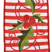 Red/White Stripe Ribbon with Embroidered Holly Berry Vines