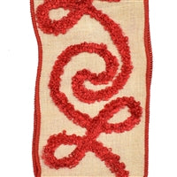 Tan Ribbon with Red Embroidered Scroll