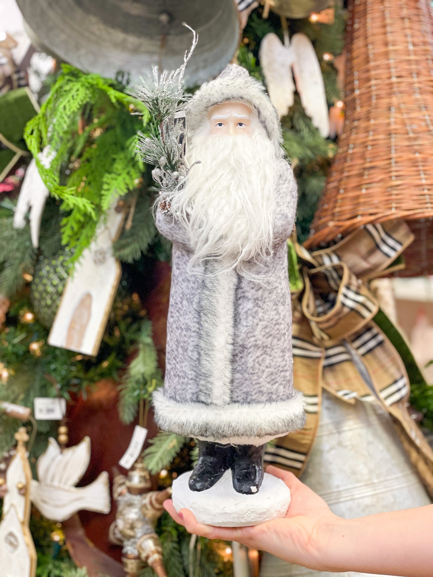 Gray Fur Coat Santa w/Pine