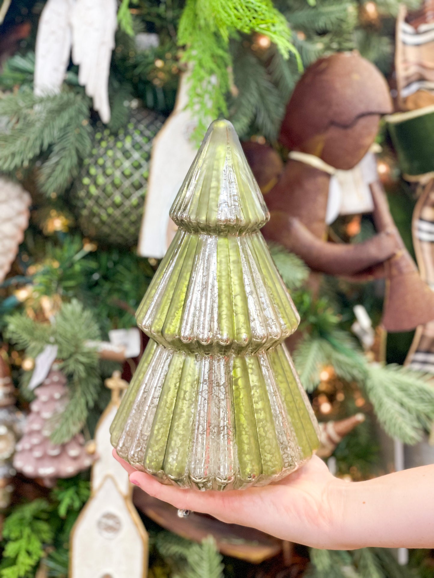 Ribbed Green Mercury Glass LED Trees