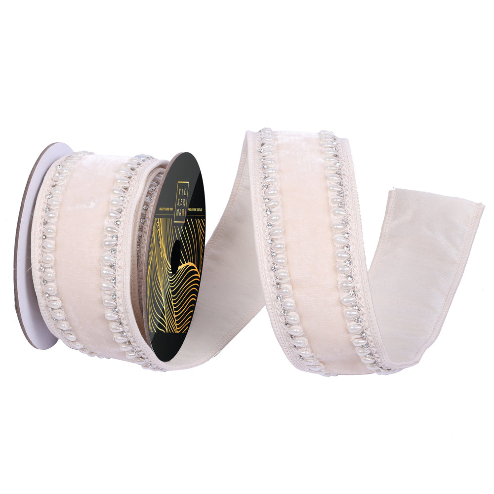2.5" x 5yd Ivory Velvet Pearl Jewel Trim with Ivory Dupion Backing