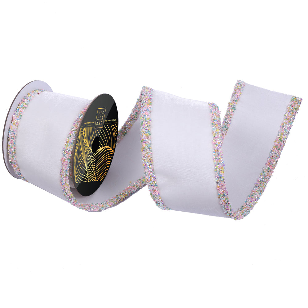 White Velvet Multicolor Iridescent Sequin Trim Ribbbon