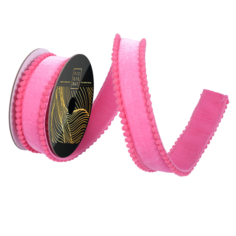 1.5"x10yd Pink Velvet Pink Pom Pom
