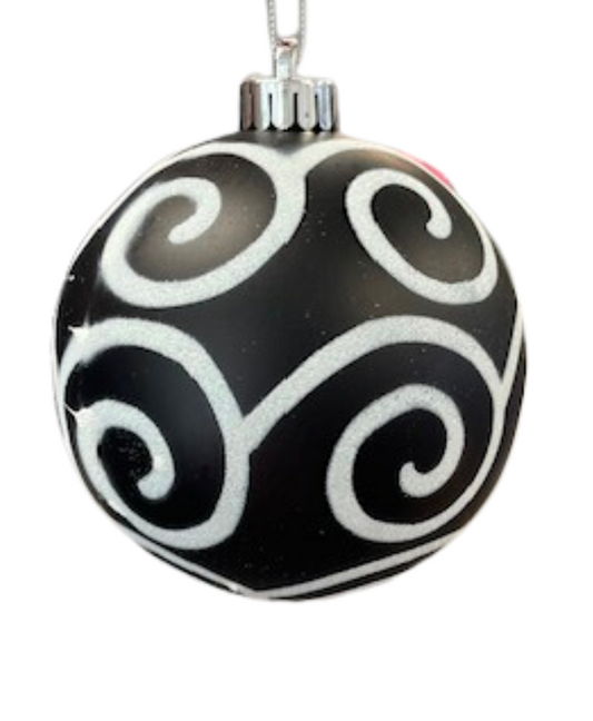 Glitter Scroll Swirl Ball Ornament- Black/White