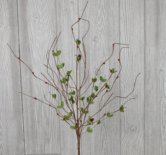 28" Berry Leaf Twig Spray- Green/Red