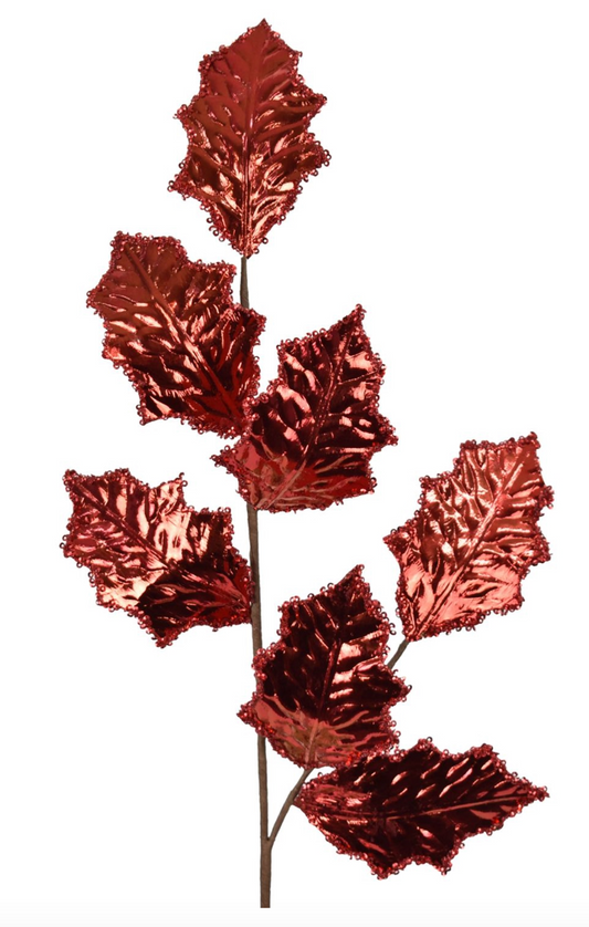 26" Metallic Foil Holly Leaf Spray- Red