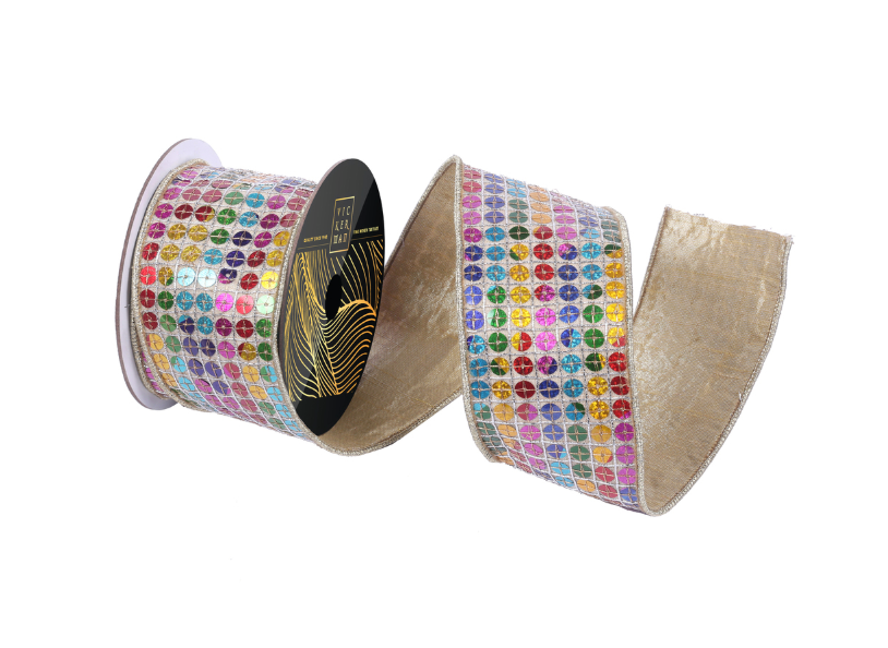 Multi Sequin Rainbow Ribbon with Gold Trim