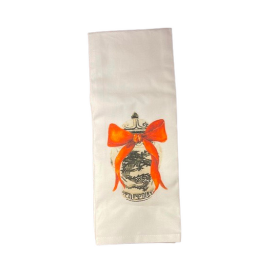 Black Chinoiserie  Jar with Orange Bow Kitchen Towel