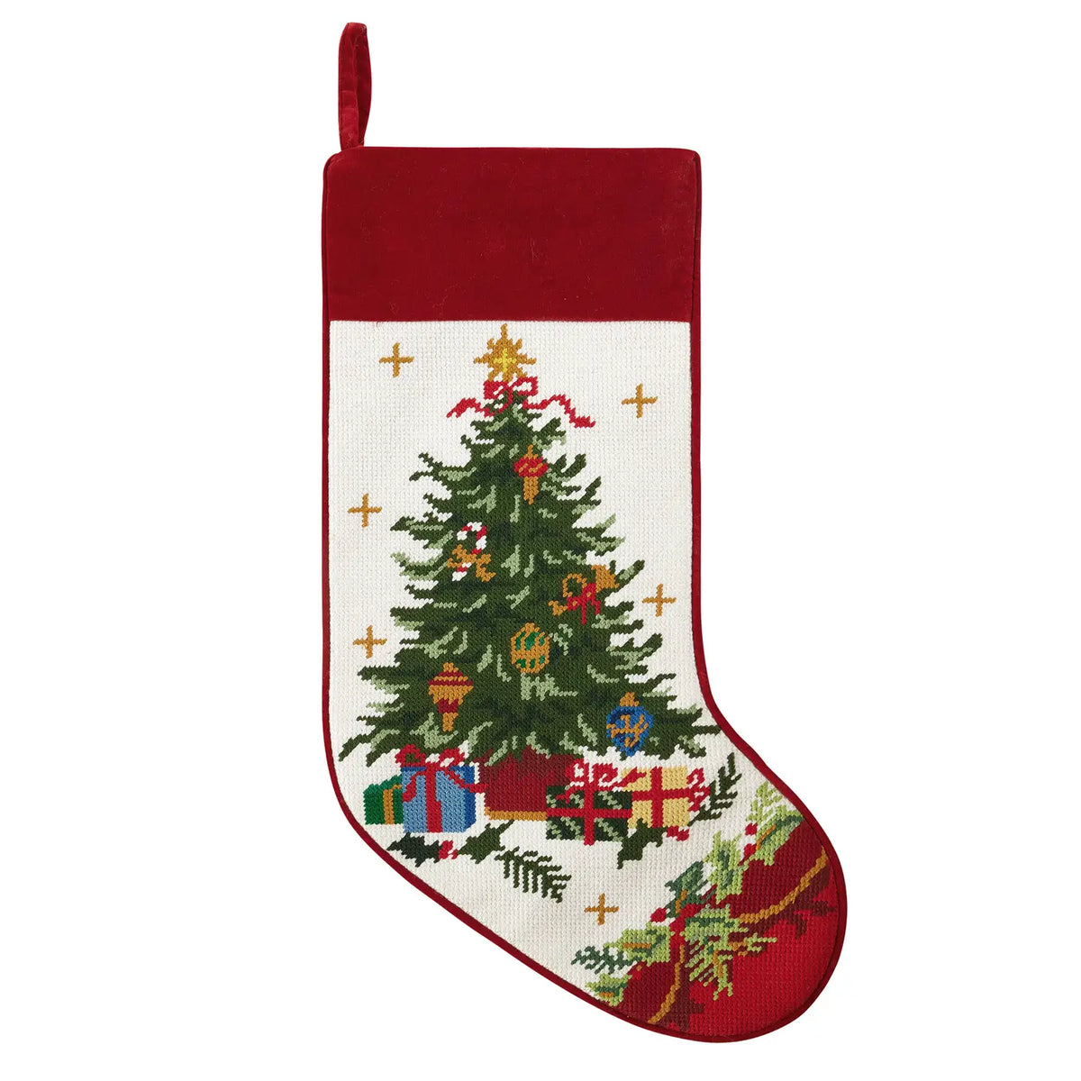 Tree with Presents Embroidered Stocking