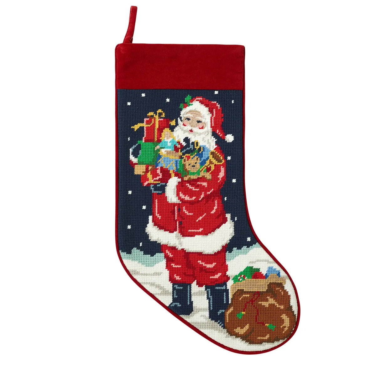 Santa with Toys Embroidered Needlepoint Stocking