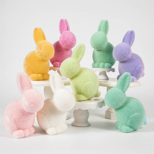 Flocked Pastel Seated Bunny with Pom Pom Tail, Multiple Colors