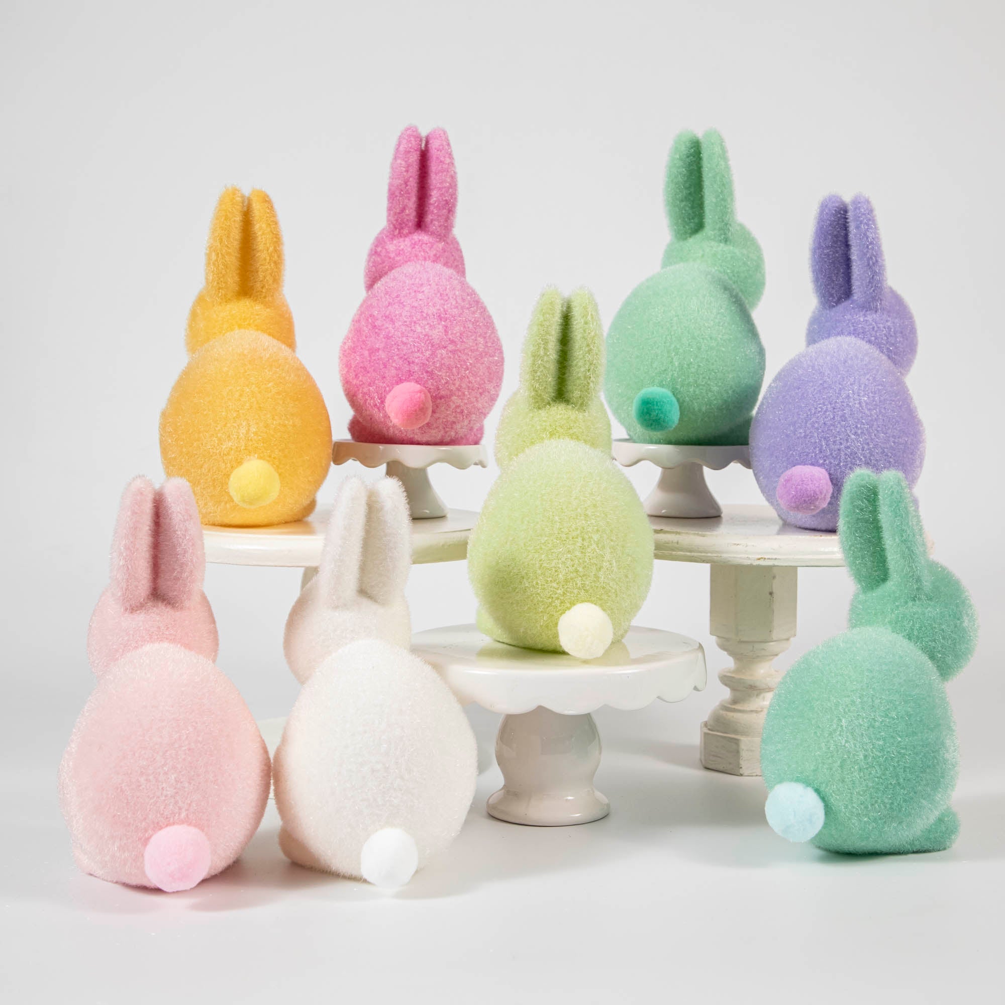 Flocked Pastel Seated Bunny with Pom Pom Tail, Multiple Colors