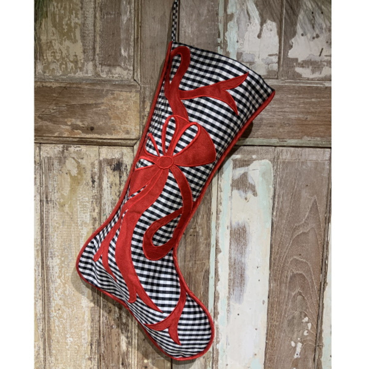 Taffeta Stocking with Appliqué Bow- Black/White Check