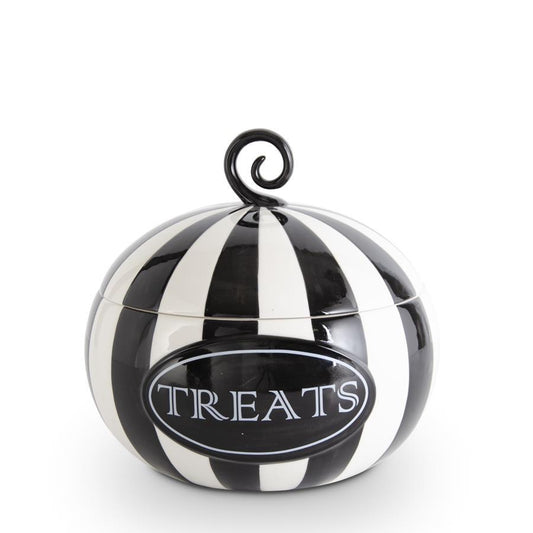 9.25" Black & White Striped Pumpkin shape TREAT Lidded Container