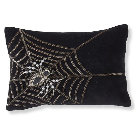 Black Velvet Pillow with Chain Web & Beaded Spider