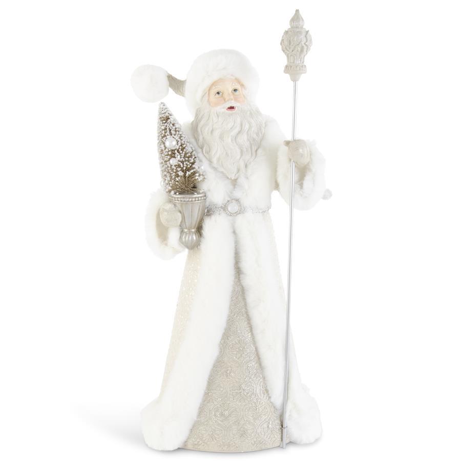 Resin White Fur Trimmed Santa Holding Tree and Staff