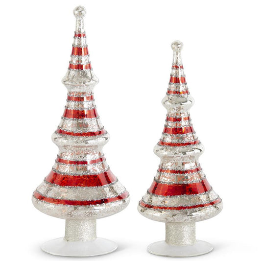 Silver Mercury Glass LED Tree with Red Glittered Stripes