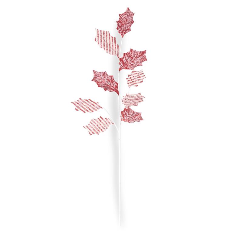 Glittered Red & White Flocked Fabric Leaves Spray